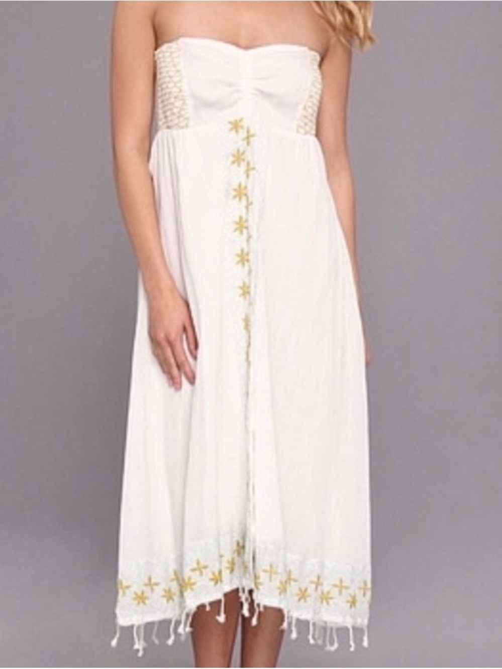 Free People White Strapless Midi Dress with Gold Star Trim